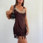 Dreamgirl Brown Faux Suede Western Fringe Rainbow Beaded Dress  Sz Small