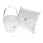 7x7 Inch White Satin Rhinestone Ring Bearer Pillow And Flower Girl Basket Set V1