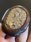 Vtg Antique Chinese Dragon Carved Wood Toggle   Plaque Gilt Metal Relief Qing  