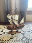 Vintage Mayflower Wooden Sailing Ship Model Cloth Sails Nautical Coastal Decor