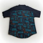 Vintage 90s Rayon Abstract Shirt Usa Made Band Collar Navy Large