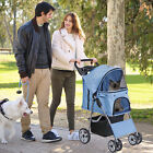 Pet Stroller Cat Dog Stroller 4 Wheel Travel Folding Carrier Strolling Cart Blue