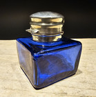 Vintage Antique Style Cobalt Blue Square Glass Inkwell Ink Pot Bottle