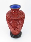 Vintage Chinese Floral Carved Red Cinnabar Vase W Blue Enamel Copper   Stand