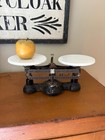 Antique Ohaus Balance Scale Double Beam Cast Iron   Steel Milk Glass Pans 2 Kilo