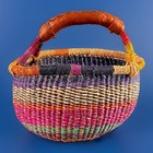 Bolga African Market Basket Multicolor Hand Woven Goat Leather Wrapped Handle