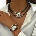 2pcs Vintage Oval Necklace Bracelet Set Gold Silver Faux Leather Chain - New
