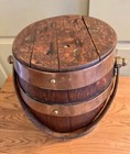 Antique Wooden Beer Keg Barrel W Cover  Copper Rings  Leather Handle  Ss Bucket