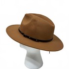 Tan Camel Felt Fedora Wide Brim Hat Leather Look Belt Band Unisex Western