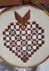 Vtg 1982 Hardanger Embroidery Hoop Frame Heart 4  Brown Cutwork Wall Art Decor