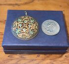Antique Enameled Button French Champleve Pierced Lacy Openwork Made Into Pendant