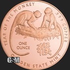 1 Oz  Solid  999 Fine Copper Round - Year Of The Monkey - Golden State Mint