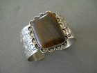 Southwest Style Tiger s Eye Square Stone Silver Tone Cuff Bracelet With Stamps