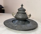 Large Antique Ornate 19th Century Victorian Metal Bronze Desk Inkwell Stand Jar