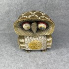 Vintage 70s Hand Painted Carved Wooden Owl Figurine Green White Yellow