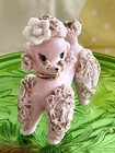 Napco Vintage Pink Porcelain Poodle Figurine Spaghetti Trim Flower Gold Collar