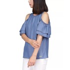 Michael Kors Women Blue Denim Casual Tiered-sleeve Cold-shoulder Top Size S