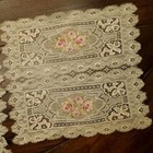 Antique 3pc  Petit Point Embroidered Flowers Lace Ivory 2pc 9   8 - 1pc  9   12 5 