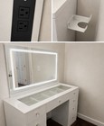 White Art Deco Vanity W  Lighted Rectangular Mirror  Glass Top  5  Drawers  Out   