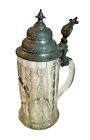 Antique Cut Glass Beer Stein Mug Crystal Glass Pewter Lid Etched Painted German