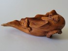 Vintage Japanese Carved Netsuke Boxwood Tea Rice Grain Scoop Leaf Frogs Signed