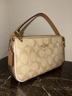 Coach Signature Logo Small Shoulder Bag Zip Top Charm Tan Strap Beige Brown 