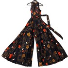 Vintage 70s Floral Leaf Jumpsuit Jacket Set Palazzo Pant Pleated Wide Leg Disco