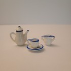 Vntg Miniature Dollhouse Tea Set Delft Style 4pc Teapot Sugar Cup Saucer Blue 