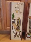 Vintage Mcm Gravel Pebble Art Cat   Spinning Wheel Wall Art   Set Of 2