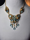 Vtg 1950s Aqua Blue Rhinestone Festoon Necklace Set Victorian Revival Brass