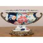 Porcelain Hand Painted Tobacco Leaf Planter compote  Bronze Handles  Base-12 l