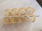 Unmarked Mcm Set Of 8 Yellow   White Checkered Glass Tumbler Set W  Metal Caddy