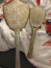 Antique Vintage Metal Floral Design Gold Vanity Mirror And Hair Brush Set Hand