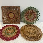 Vintage Hand Woven Straw Colorful Hot Pads Trivets Set Of 4 Mcm 1970s Boho Retro