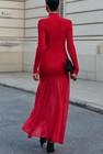 Commense Red Ribbed Knit Mock Neck Long Sleeve Bodycon Maxi Dress S