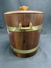 Mcm Walnut Ice Bucket W brass Toned Bands  Side Handles    Knob On Lid - Usa
