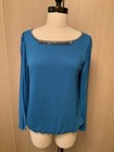Women s  Alfani Teal Pleated Sheer Bell Sleeve Chiffon Dress Blouse Sz 6