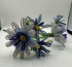 Vintage French Glass Seed Bead Flowers Stems 6 Blooms   8 Leaves Bouquet Blue