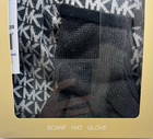 New Michael Kors Women s Scarf  Hat    Glove Set Black   Gray   White Mk Logo