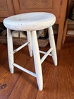 Atq vtg Round Wooden Stool - White Worn Paint - 17 5  T X 11 5  D - Farmhouse