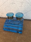 Wonderful Peacock Blue Glass Double Inkwell  Late 19th Century