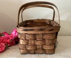 Antique Handmade Oak Splint Gathering  Egg   Grocery Basket 13 3 4 x 8 3 8 X 5