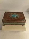 Vintage Mcm  1970 s  Footed Confectionary Metal Tin  Faux Turquoise gold Trim