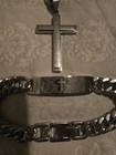 Silver Tone Stainless Steel Cross Necklace   Curb Link Id Bracelet Jewelry Set