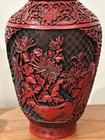 Red Cinnabar Story Vase Chinese Hand Carved Body With Indigo Blue Interior