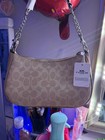 Coach Signature Logo Small Shoulder Bag Chain Strap Zip Beige Lined Pockets
