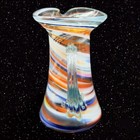 Art Glass Pitcher With Applied Clear Handle Multicolor Swirls Glass 6 tall 5 w