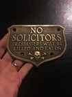No Solicitors Brass Metal Plaque Sign Skeleton Skull Crossbones Tresspassing