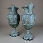 Pair Antique Spelter Krater Style Handled Vases On Marble Bases  C 1870
