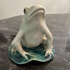 Vintage White Crackle Glaze Pottery Frog Figurine On Green Lily Pad 6x6 5   